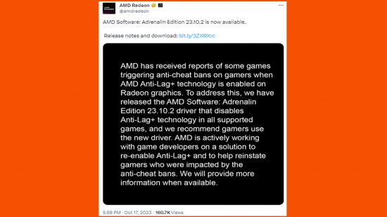 Screenshot von der offiziellen Twitter (X)-Seite von AMD, auf orangefarbenem Hintergrund.
