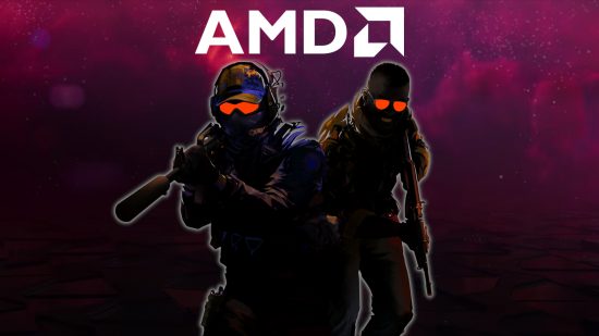The AMD logo floats against a nebulous red backdrop, with key art for Counter-Strike 2 below it