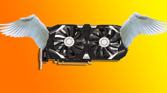 AMD FSR 3 Nvidia GeForce GTX 1060: an Nvidia GPU with white wings appears in front of an orange and yellow background.