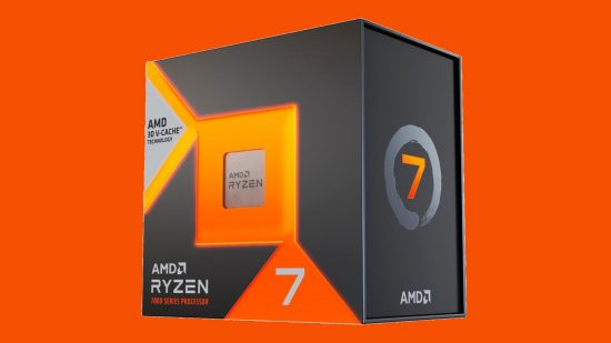 An AMD Ryzen 7800X3D gaming CPU against an orange background