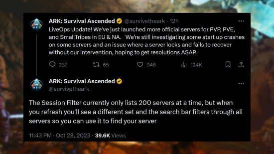 Ark Survival Ascended - Message from the developers: "LiveOps Update! We've just launched more official servers for PVP, PVE, and SmallTribes in EU & NA. We're still investigating some start up crashes on some servers and an issue where a server locks and fails to recover without our intervention, hoping to get resolutions ASAP."