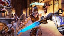 Asgard's Wrath 2 length: A character runs towards a blue blade wiedling their own weapon
