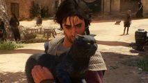 Assassin's Creed Mirage's best side quest isn't on your map: A tanned Middle-Eastern man with wispy black hair cuddles an angry black cat in a desert marketplace