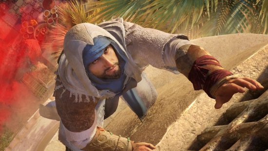 Assassin's Creed Mirage chromatic aberration setting: a man in robes climbing towards the camera up a wall
