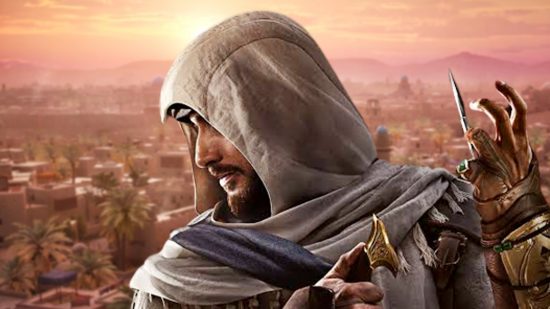 Basim Ibn Ishaq on a backdrop of Baghdad, where Assassin's Creed Mirage is set.