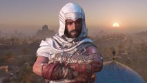 Assassins' Creed Mirage's Basim looking out over the Baghdad.