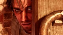Basim pokes his head through an open door in one of the earliest Assassin's Creed Mirage missions.