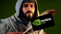 Basim from AC Mirage looking at the Nvidia DLSS 3 logo with a green background.