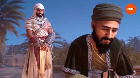 Basim stands with his arms crossed politely before him as he converses with an NPC in one of the Tales of Baghdad, emergent Assassin's Creed Mirage side missions.