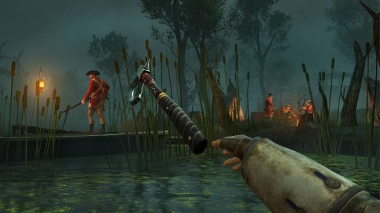 A redcoat standing in a swamp-like area on a bridge has a hatchet thrown at him by a VR arm