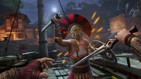 A first person shot of Kassandra in combat with a Spartan warrior