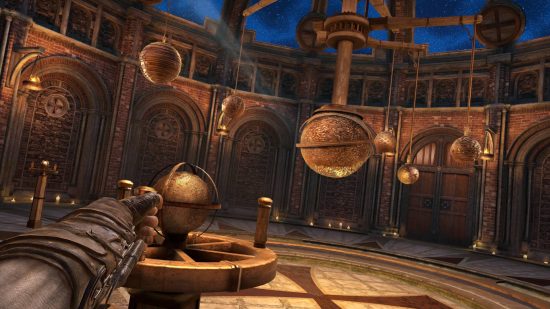 A man with a blade on his wrist stands in an ornate library room with globes and a view of the night sky