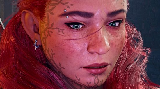 Baldur's Gate 3 companions stay in dialogue - A red-headed Dwarf druid with branch-like tattoos around the edge of her face, freckles, and a scar across her nose.