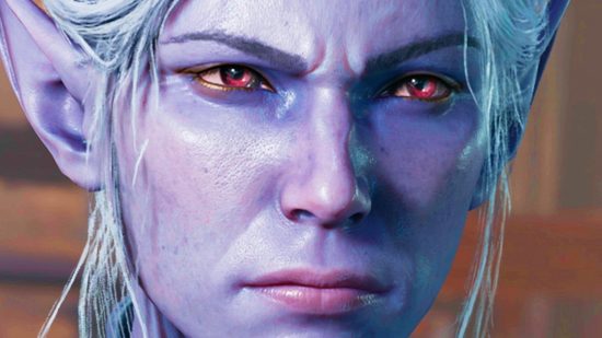 BG3 patch: A character with red eyes and elvish ears from Larian RPG game Baldur's Gate 3