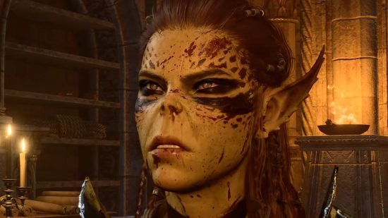 Lae'zel scowls in disapproval, her face covered in specks of blood.