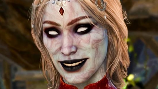 Baldur's Gate 3 random encounters mod The Hunted - Orin the Red, a pale-skinned woman with bright, white eyes and heavyset black makeup.