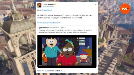 Baldur's Gate 3 South Park joke: a screenshot of the Larian tweet