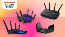 Four of the best gaming routers on a pink gradient background