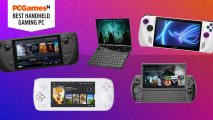 Best handheld gaming PC - the Steam Deck, ASUS Rog Ally and other consoles on a bright pink gradient background
