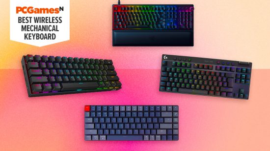 Four of the best wireless mechanical keyboards on a pink gradient background