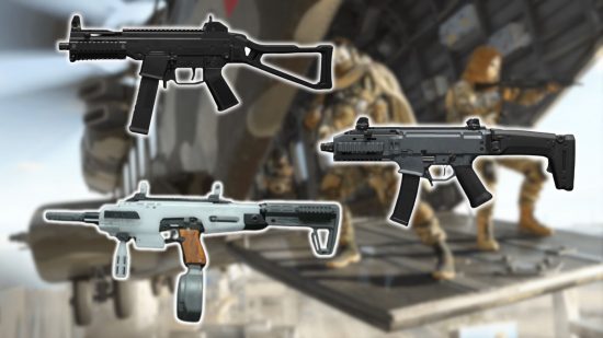 Best MW3 SMGs: three different compact submachine guns atop a blurred background.