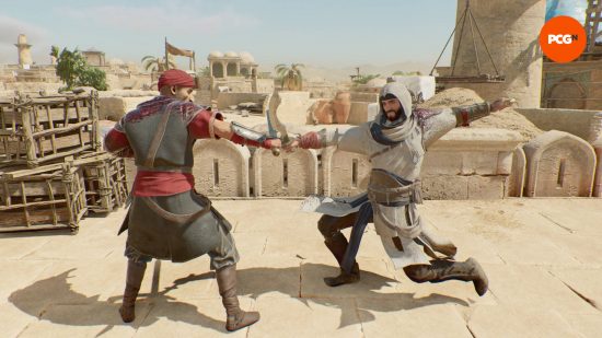 Best new games: Basim is fighting a guard on a castle wall in Assassin's Creed Mirage.