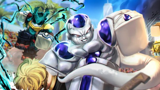 Best Roblox games: Frieza is about to punch a fallen hero as Deku approaches from behind him in Anime Champions Simulator.