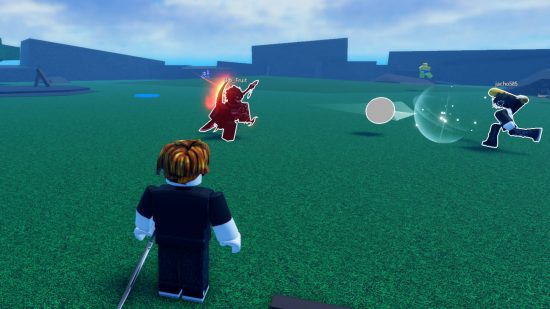 Two players are fighting in Blade Ball, one of the best Roblox games, as a ball flings between them. A third person watches on.