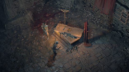 A screenshot of Diablo 4, featuring a character opening up a sarcophagus.