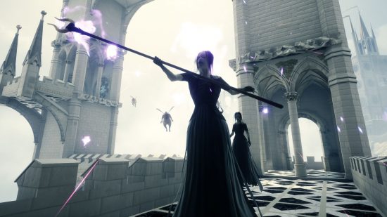 Best VR games: A figure in a long black gown wields a spear in In Death