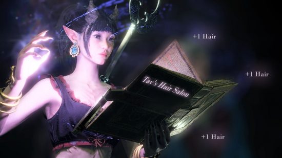 Baldur's Gate 3 mods: A character with black hair and horns casts a spell from a book which grants +1 hair