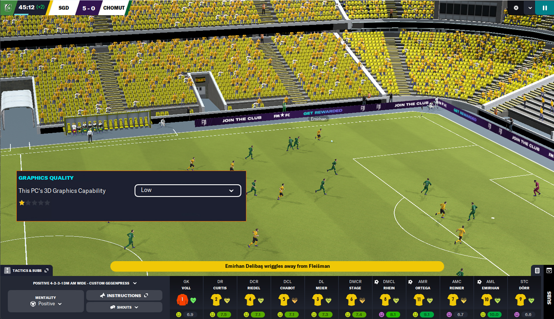 A screenshot from Football Manager showing the graphics card rating