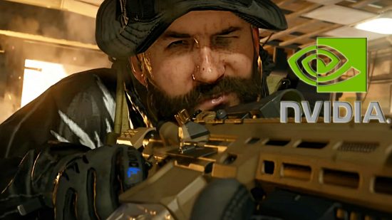 MW3 Nvidia driver: a man wearing a hat looks down the sights of a gun while the Nvidia logo appears next to him.