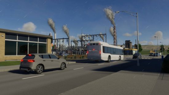 Cities Skylines 2 cheats: Cars and a bus drive past some industrial buildings smoking away.
