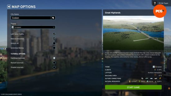 The new game screen has some options that could be considered to be Cities Skylines 2 cheats.
