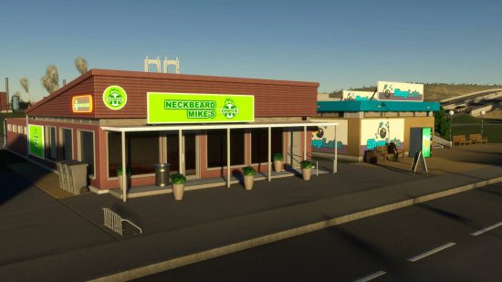 Two shop fronts making up part of a Cities Skylines 2 commercial district.