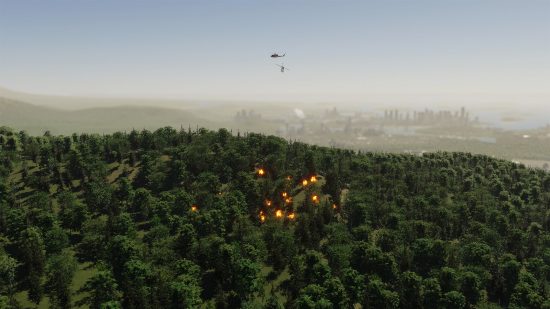Cities Skylines 2 natural disasters: a helicopters rushes to pour water on a forest fire.