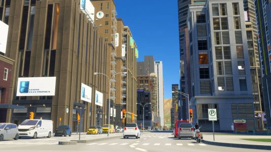 Cities Skylines 2 free region packs: a street level angle of a bustling city, with cars and bikes going up and down the road
