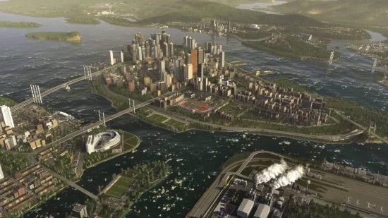 Cities Skylines 2 Game Pass: an aerial photograph of a city running alongside a river.