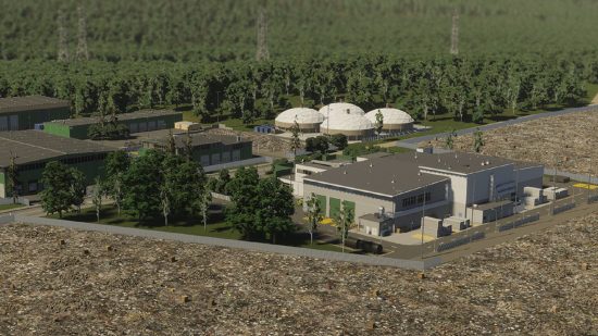 Cities Skylines 2 garbage: an aerial view of an incineration plant.