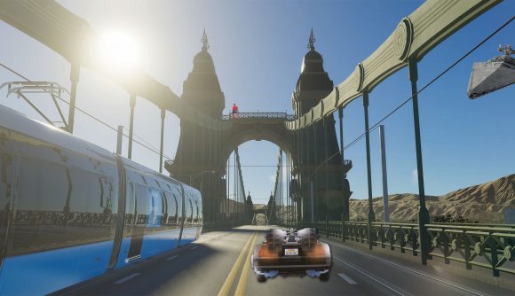 Cities Skylines 2 mods: a suspension bridge with a star destroyer in the groundground, a delorean on the road, and spiderman sitting in the distance.