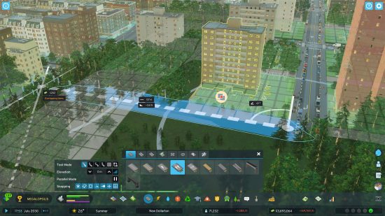 Cities Skylines 2 mods: a city min-construction, with the outlines of the residental areas shown.