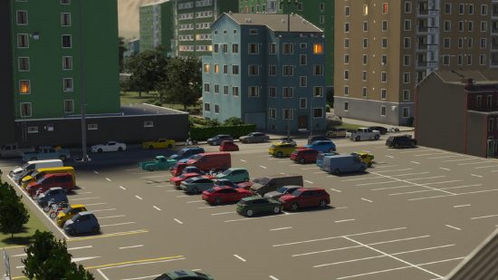 Cities Skylines 2 road: a parking lot next to a highrise building.
