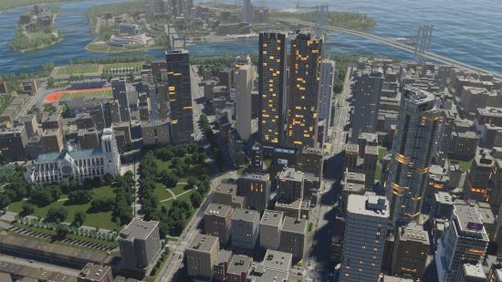 Cities Skylines 2 road: an aerial view of a bustling city.