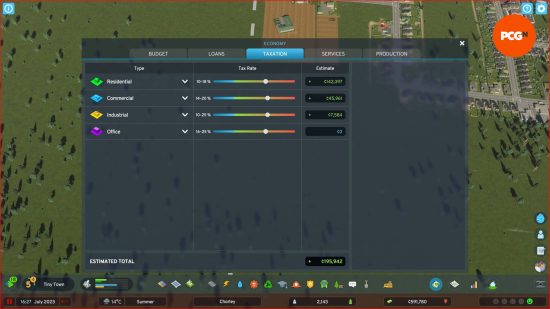 A screen showing sliders that manage Cities Skylines 2 taxes and how much each individual sector pays.