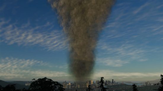 Cities Skylines 2 natural disasters: a tornado rips apart a city.