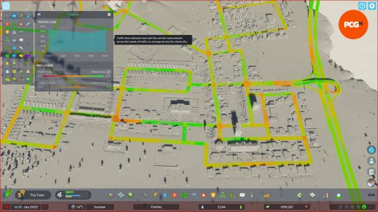 A map shows a small town's congestion with the Cities Skylines 2 traffic view.