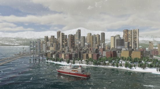 Cities Skylines 2: a ship passes by a city in the wintertime.