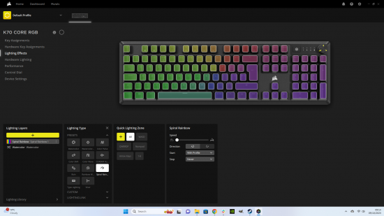 An image from Corsair's iCue software showing how to edit the RGB lighting on the K70 Core