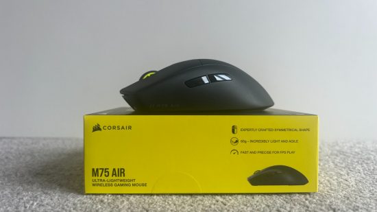 An image of the Corsair M75 Air mouse sitting on top of its product box